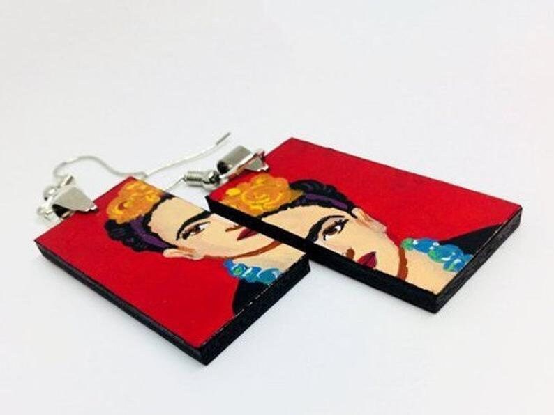 Eye-Catching Red Frida Earrings Mexican Jewelry Inspired for Women Hand Painted Wooden Drop Dangle Earrings Fridalovers Mexico Wearable Art