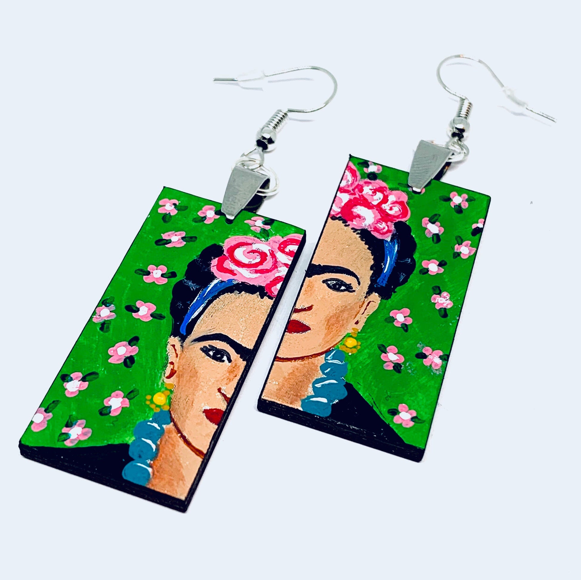 Green Frida Earrings Frida Inspired Dangle Drop Earrings Frida Artwear Jewelry Accessories Hand Painted Wooden Earrings Mexican Jewelry Art