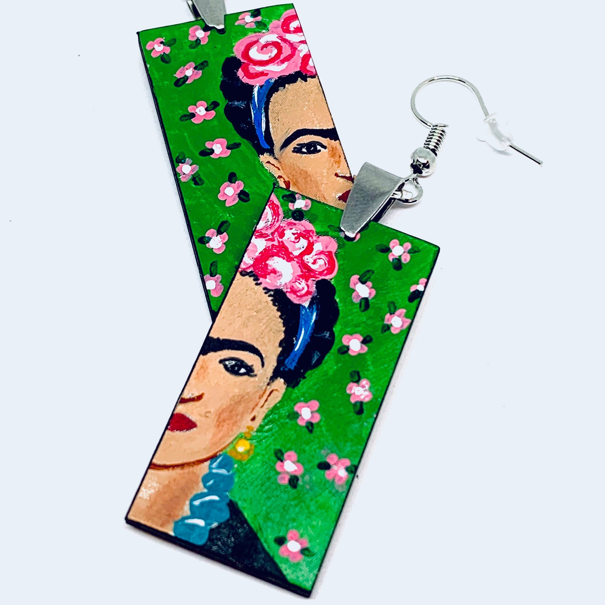 Green Frida Earrings Frida Inspired Dangle Drop Earrings Frida Artwear Jewelry Accessories Hand Painted Wooden Earrings Mexican Jewelry Art