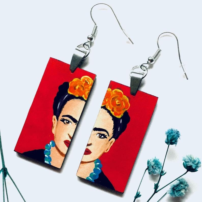 Red Hand Painted Frida Earrings Women Frida Inspired Dangle Drop Earrings Mexican Jewelry Artwear Wearable Art Mujer Aretes Fridalovers Gift