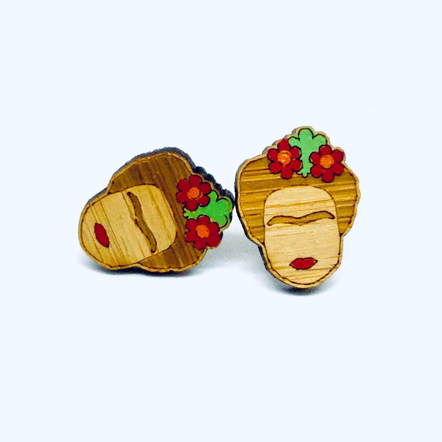 Bamboo Frida Earrings Hand Painted Red Floral Wooden Frida Inspired Earrings Mexican Jewelry Wearable Art Aretes Girl Stud Earrings Artwear