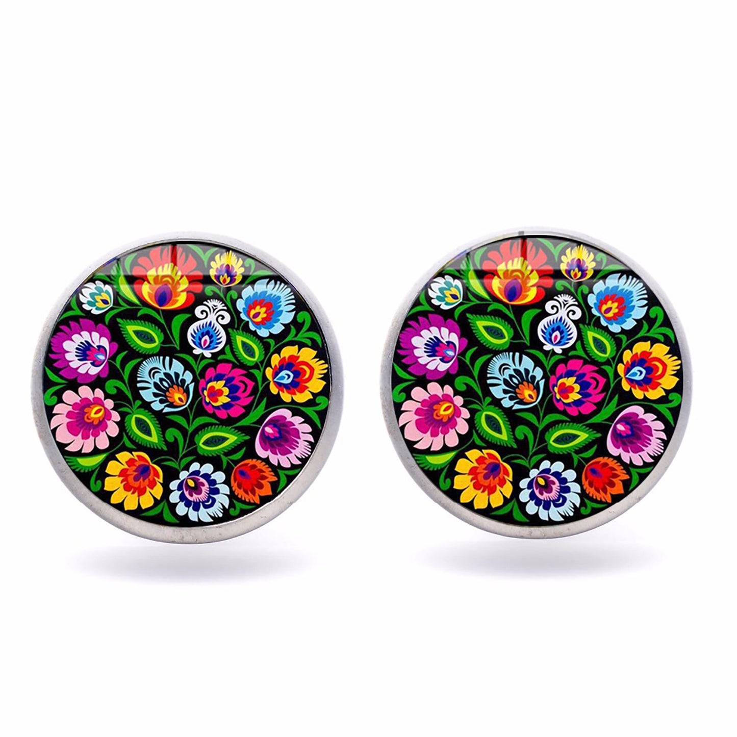 Silver Floral Stud Cabochon Earrings Colorful Mexican FolkArt Jewelry Style Women Spring Fashion Aretes Florales Arte Popular Mexicano Mujer