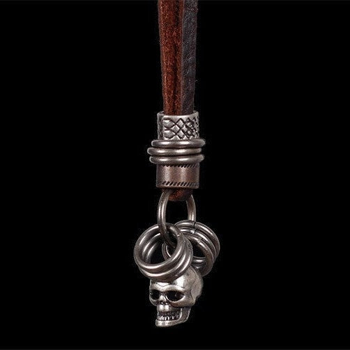 Stainless Steel Tone Skull Charm Brown Leather Necklace Strap Adjustable Rustic Silver Skull Skeleton Jewelry Accessories Men Birthday Gift