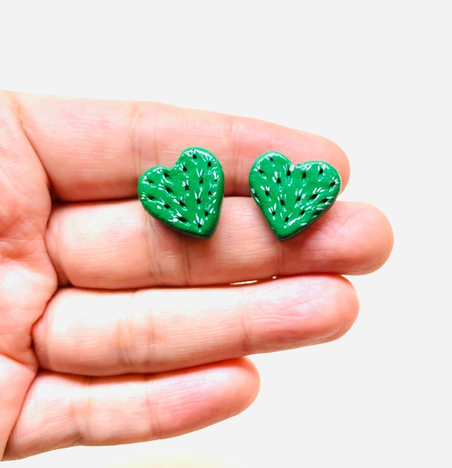 Lovely Multi-Punctured-Carved Cactus Heart Stud Earrings Clay Jewelry Mexico Folk ArtToWear Birthday Gift Idea Girls Women Claywelry Aretes