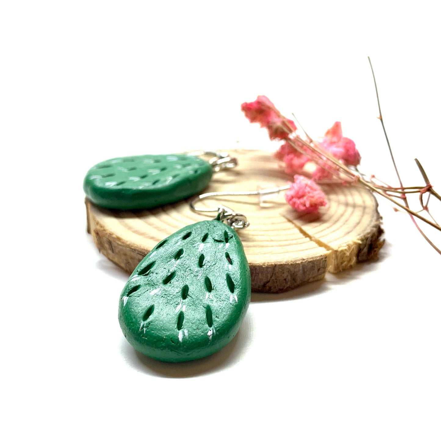 Ethnic Green Cactus Clay Earrings Mexican Folk Art Hand Painted Food Jewelry Nopales Aretes Mexico Artisan Wearable Art Women Girl's Fashion