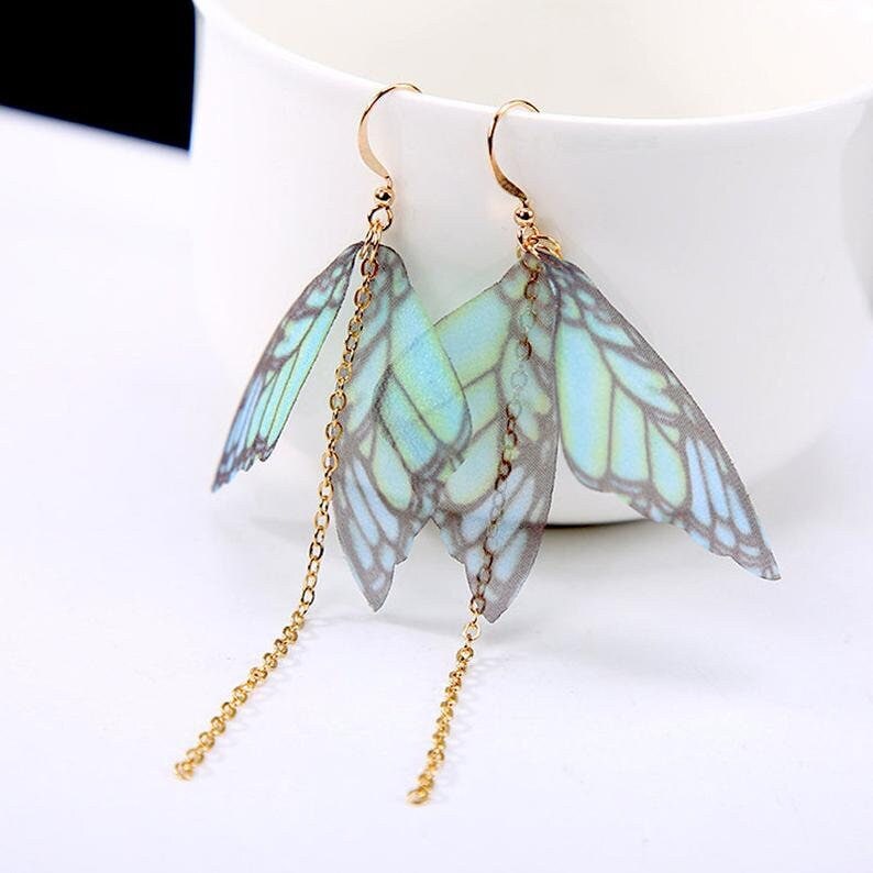 Butterfly Wings Earrings Handcrafted Gold Long Chain Translucid Silk Multi-Colored Butterfly Aretes Mariposa Mexican Jewelry Frida Inspired