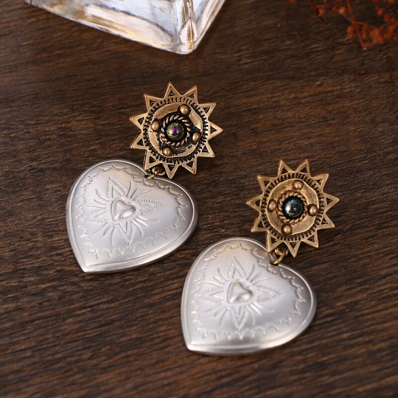 Heart Earrings DropDangle Gold Tone Bohemian Heart Aztec Design Star HandCarved Engraving Detail Classic Elegance Women Anniversay Gift Idea