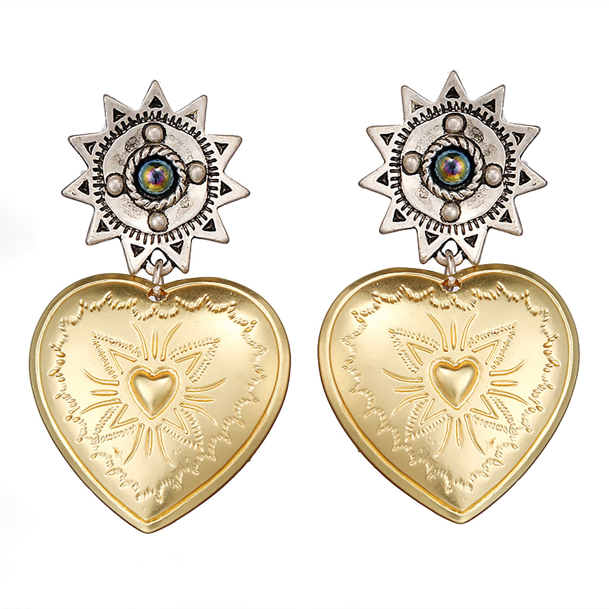 Heart Earrings DropDangle Gold Tone Bohemian Heart Aztec Design Star HandCarved Engraving Detail Classic Elegance Women Anniversay Gift Idea