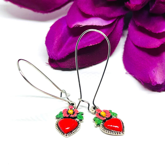 Silver Plated Long Kidney Ear Wires Heart Earrings HandPainted Vintage Style Flowered Hearts Cute Original Girl Woman Gift for Her Christmas