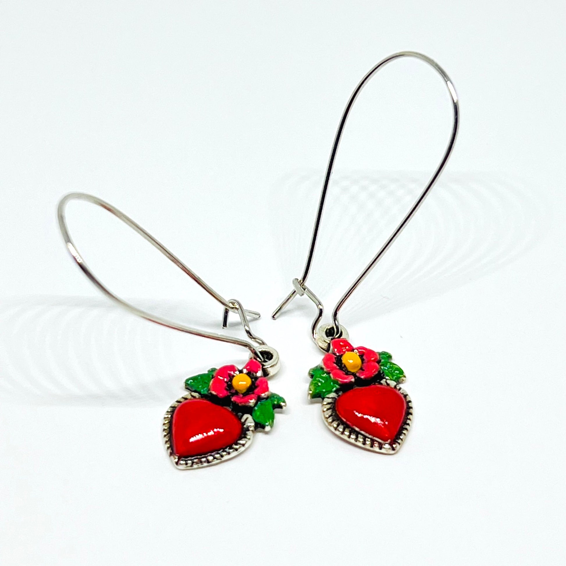 Silver Plated Long Kidney Ear Wires Heart Earrings HandPainted Vintage Style Flowered Hearts Cute Original Girl Woman Gift for Her Christmas