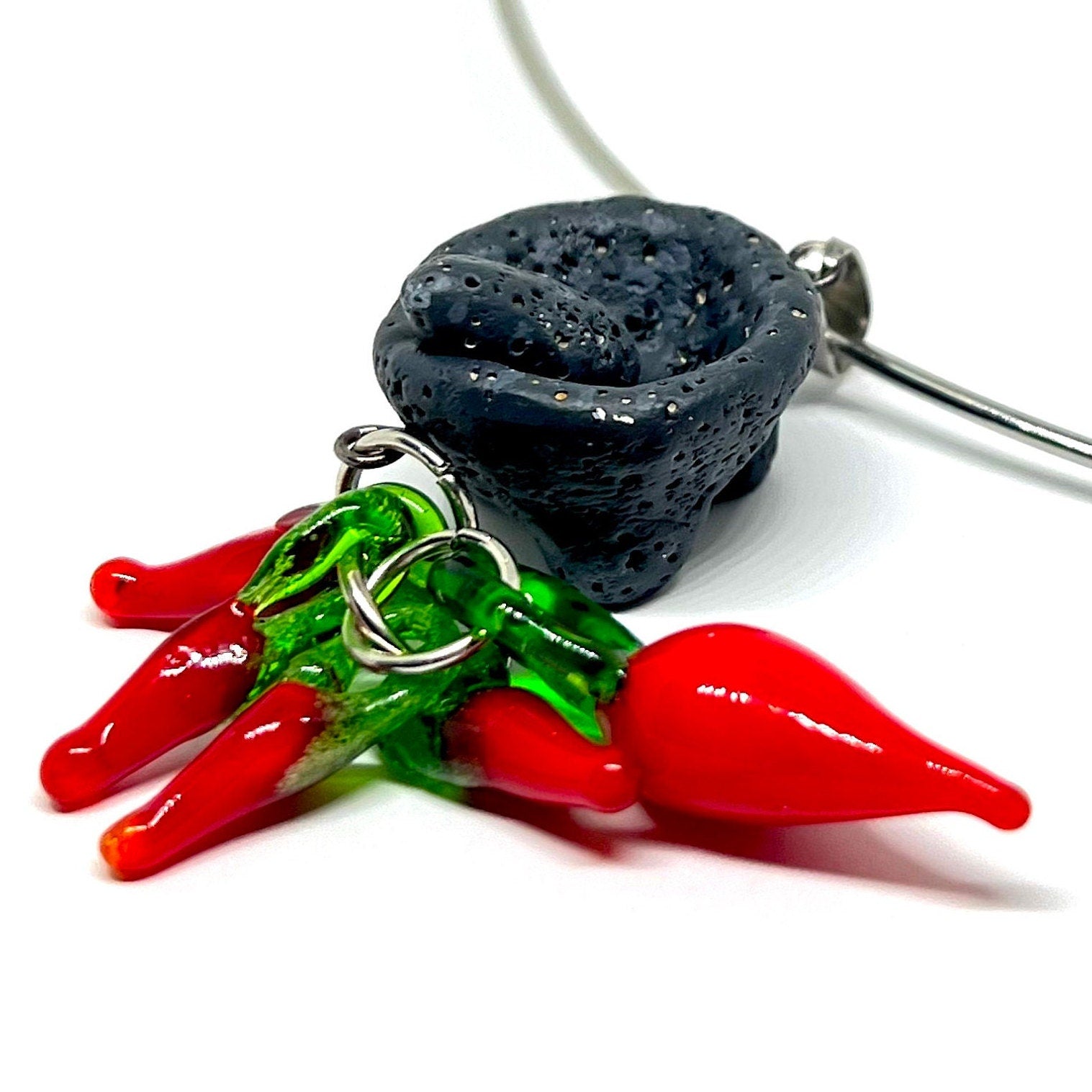 Mexican Jewelry Molcajete Clay Grinder Stone Minimalist Glass Lamp Hot Chili Peppers Mexico Silver Tone Choker Stainless Steel Alloy Metal