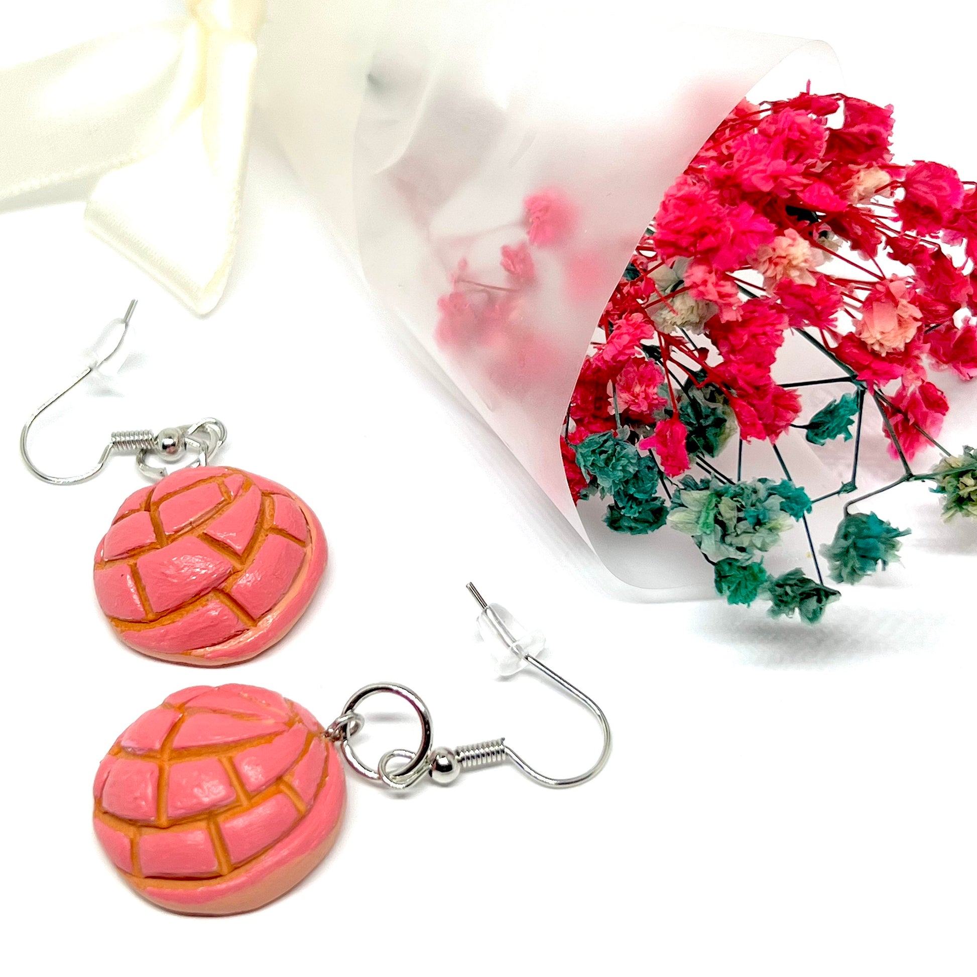 Strawberry Pink Concha Clay Earrings Dangle SweetBread Handpainted Food Jewelry Fashion Mexican FolkArt Conchitas Women Girls Gift Birthday