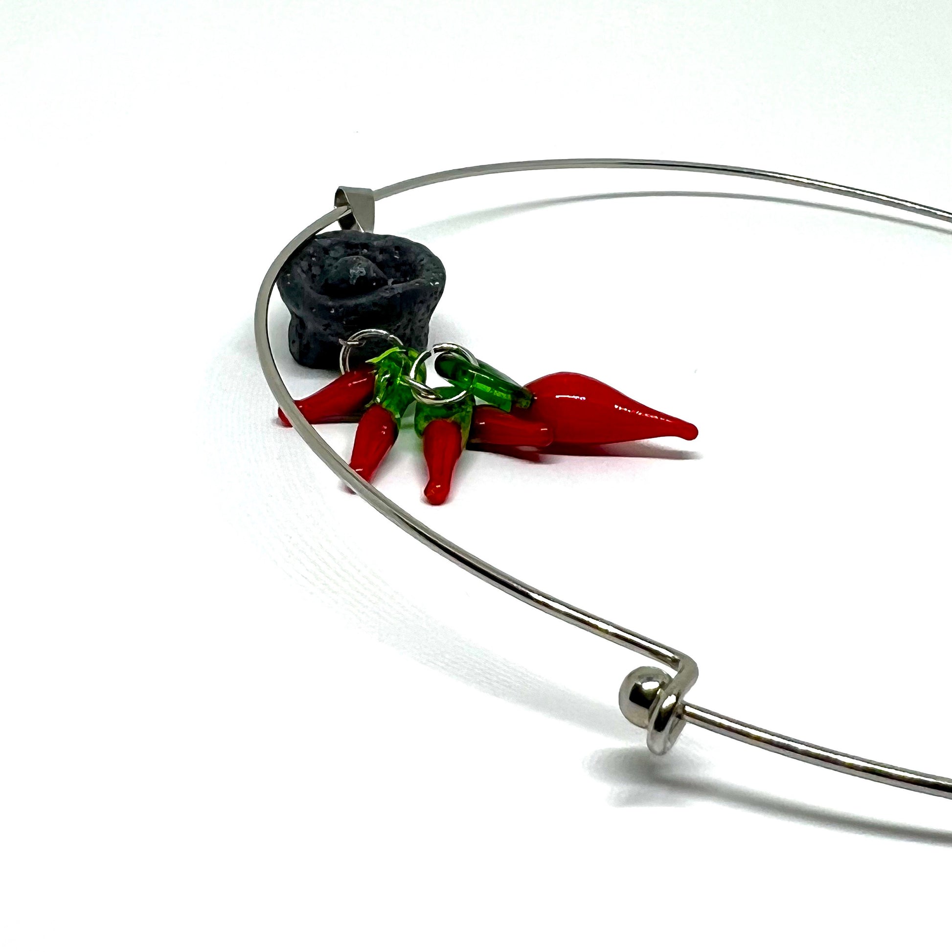 Mexican Jewelry Molcajete Clay Grinder Stone Minimalist Glass Lamp Hot Chili Peppers Mexico Silver Tone Choker Stainless Steel Alloy Metal