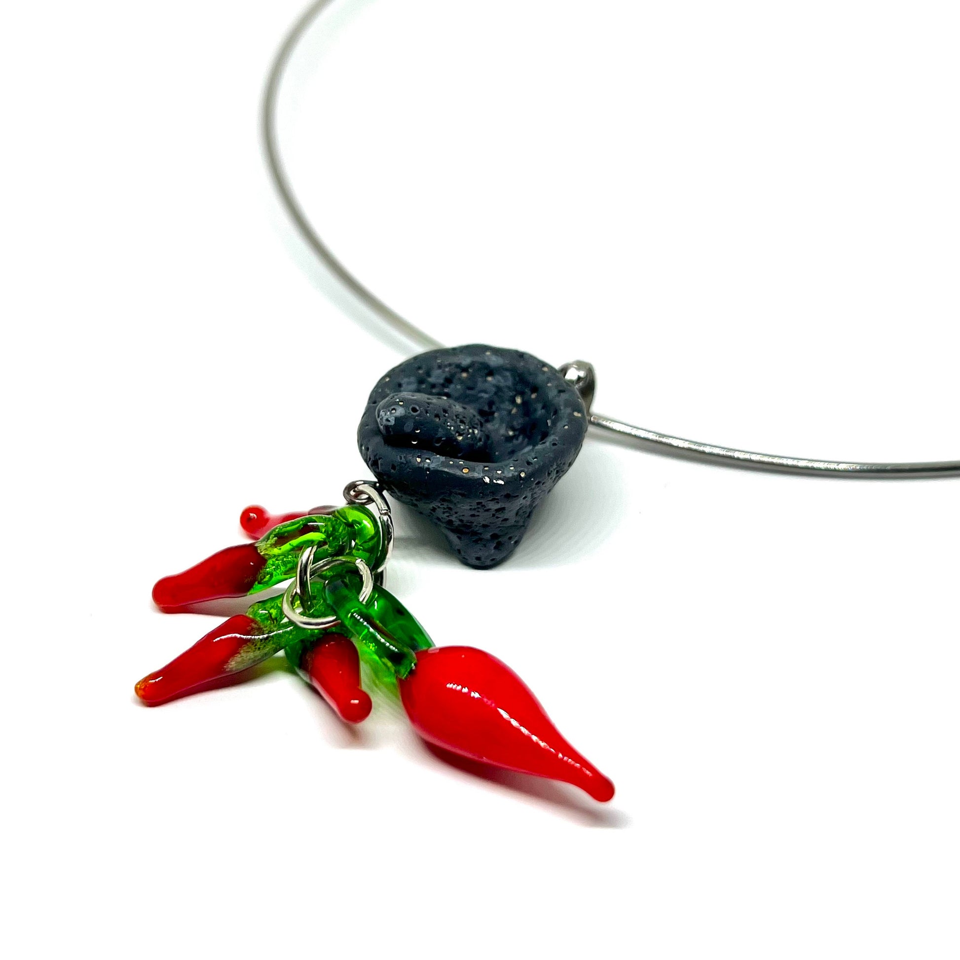 Mexican Jewelry Molcajete Clay Grinder Stone Minimalist Glass Lamp Hot Chili Peppers Mexico Silver Tone Choker Stainless Steel Alloy Metal