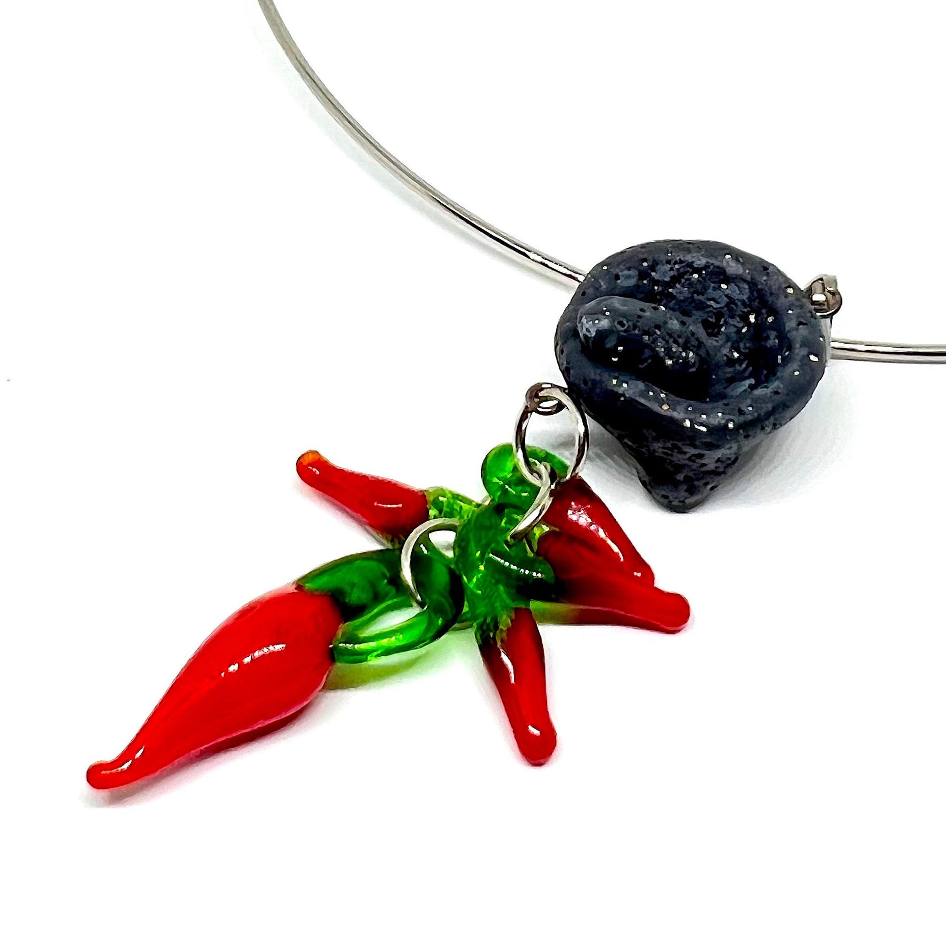 Mexican Jewelry Molcajete Clay Grinder Stone Minimalist Glass Lamp Hot Chili Peppers Mexico Silver Tone Choker Stainless Steel Alloy Metal