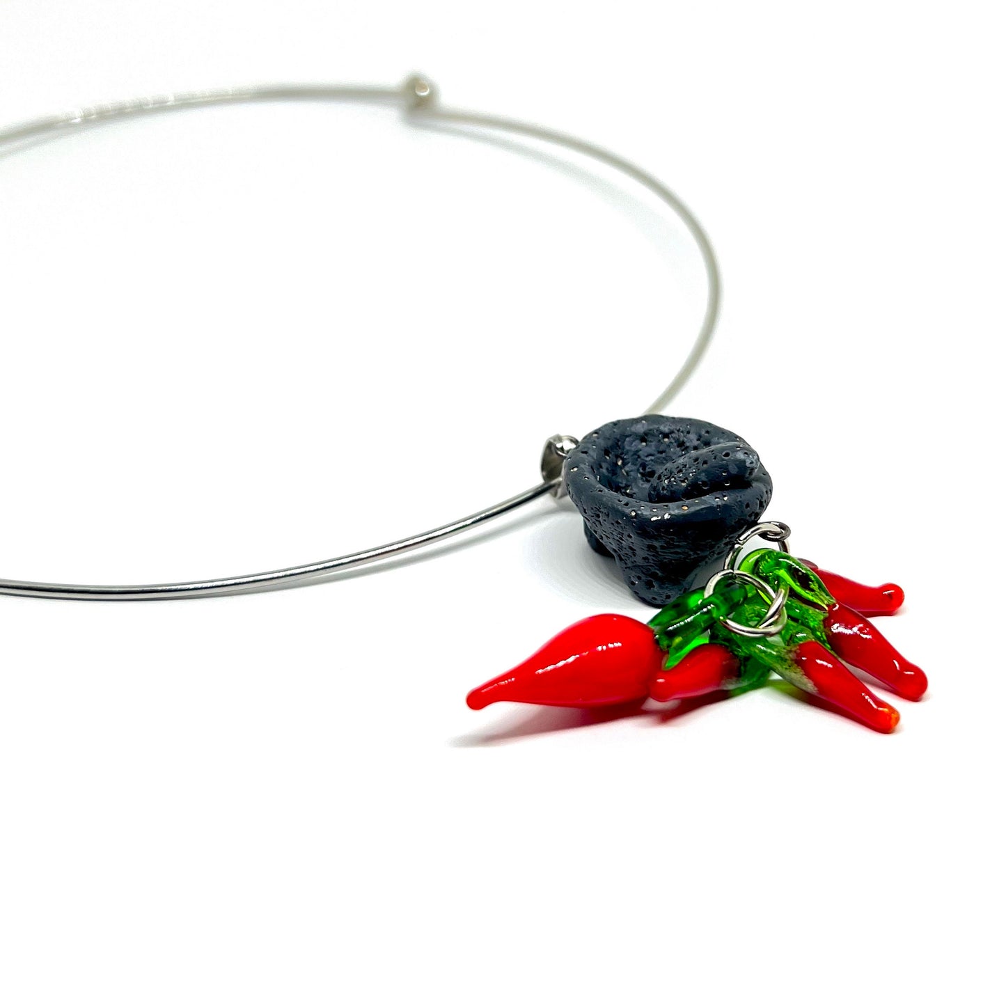 Mexican Jewelry Molcajete Clay Grinder Stone Minimalist Glass Lamp Hot Chili Peppers Mexico Silver Tone Choker Stainless Steel Alloy Metal