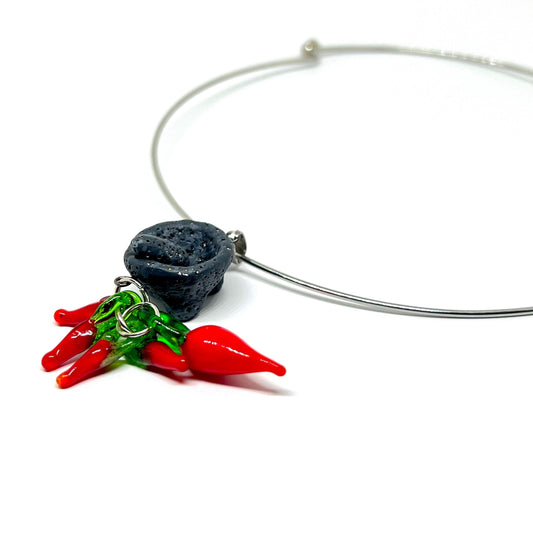 Mexican Jewelry Molcajete Clay Grinder Stone Minimalist Glass Lamp Hot Chili Peppers Mexico Silver Tone Choker Stainless Steel Alloy Metal