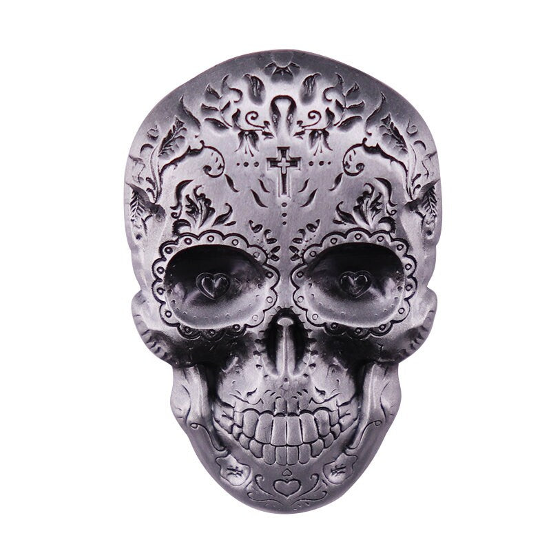 Sugar Skull Mexican Brooch Metal Grey Silver Tone Day of The Dead Dia de Muertos Mexico Folk Art Skull Jewelry Accessory Carved Metallic Pin