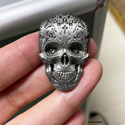 Sugar Skull Mexican Brooch Metal Grey Silver Tone Day of The Dead Dia de Muertos Mexico Folk Art Skull Jewelry Accessory Carved Metallic Pin