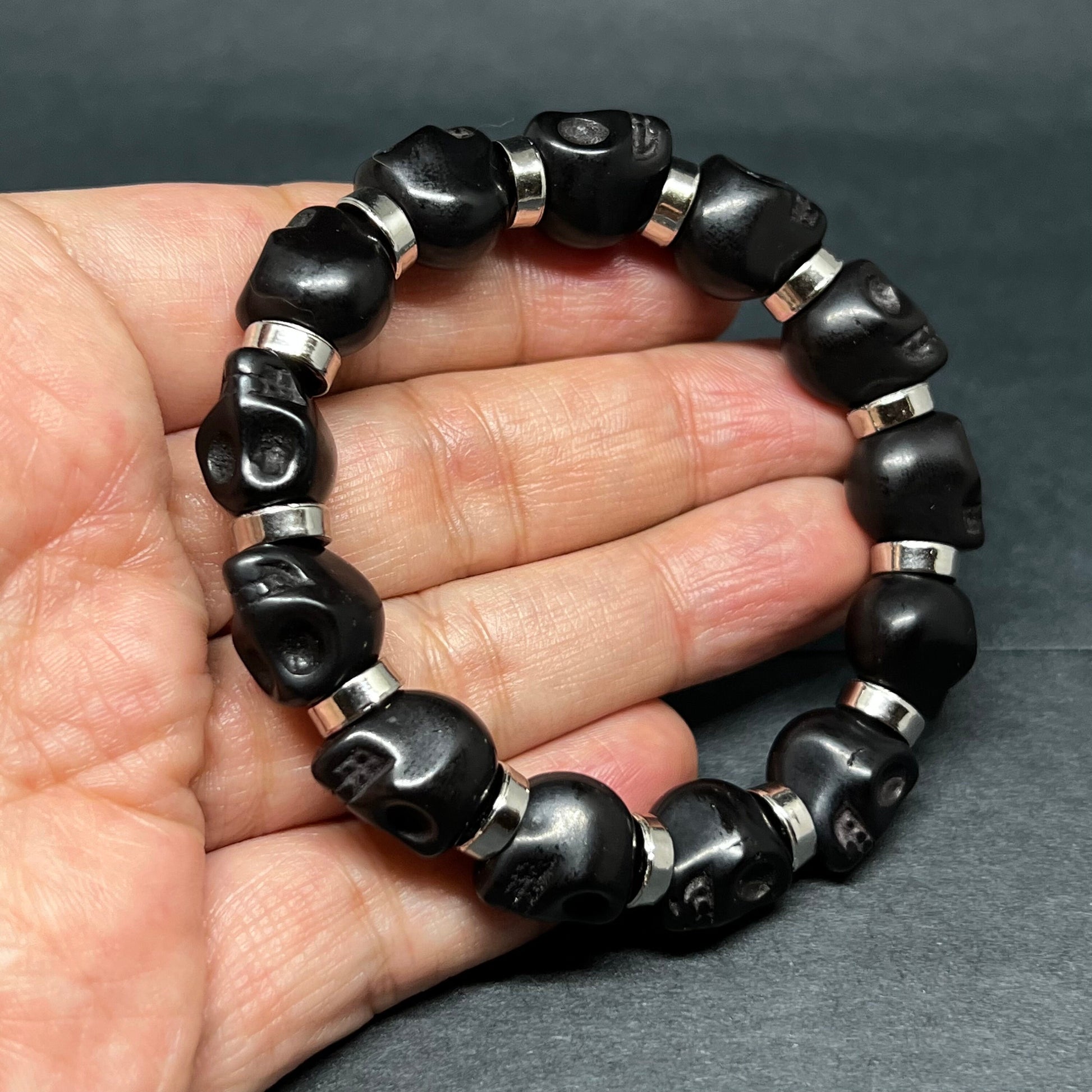 Black Skull Beaded Wristband Elastic Bracelet with Metallic Silver Steel Tone Beads Man Jewelry Men's Casual Fashion Day of the Dead Gift