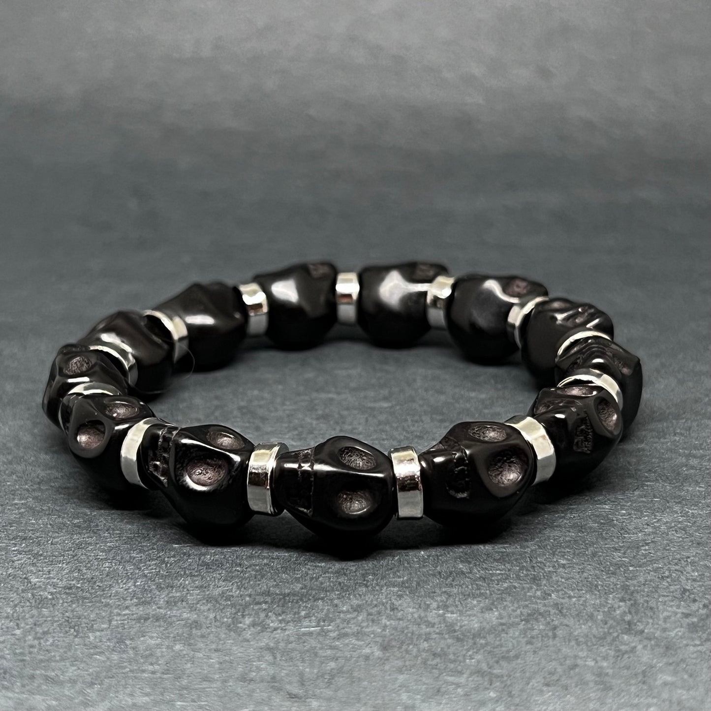 Black Skull Beaded Bracelet with Metallic Silver Steel Tone Beads Wristband Man Jewelry Men's Casual Fashion Day of the Dead Halloween Gift