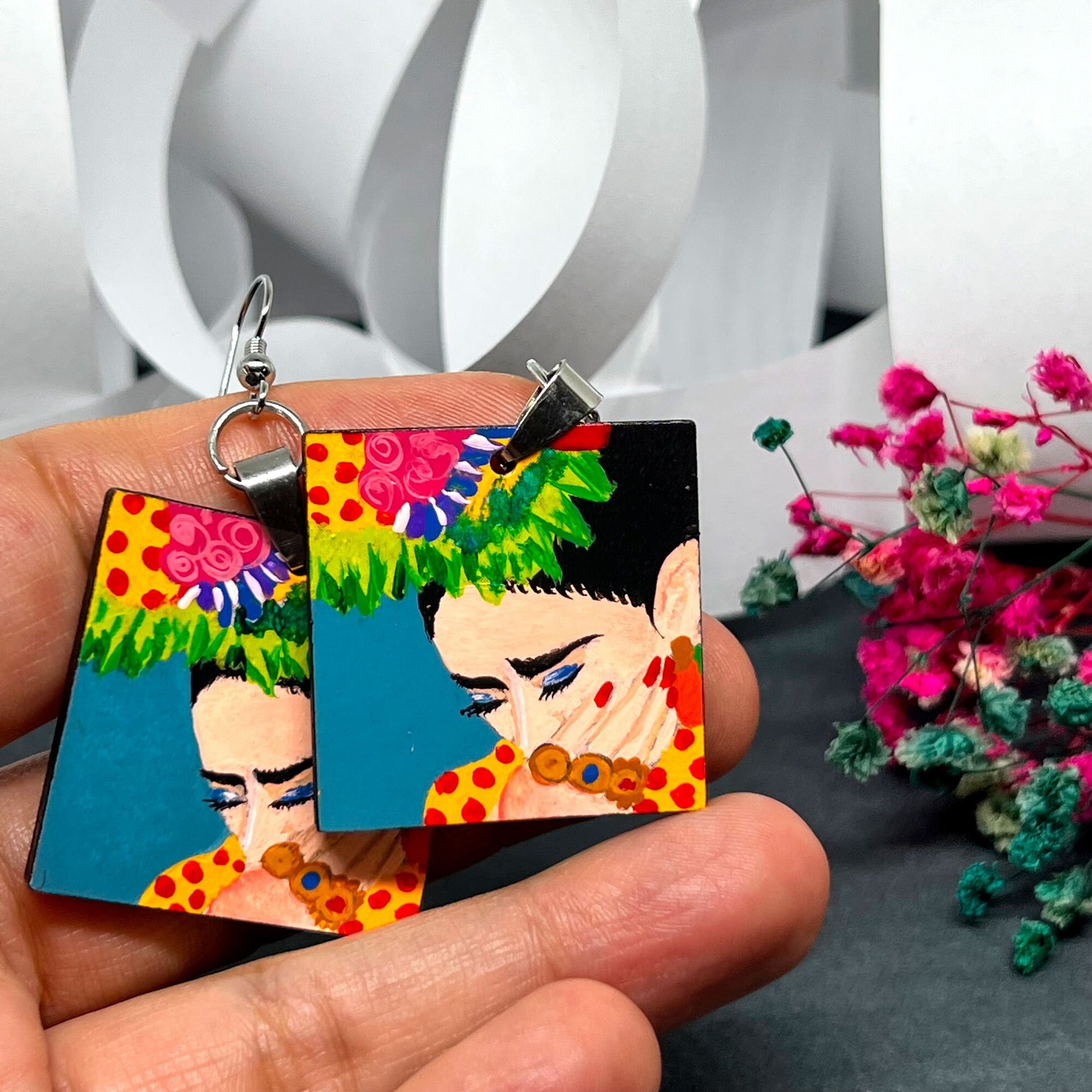Colorful Frida Earrings Hand Painted Wood Original Wearable Art Bohemian Mexican Jewelry Pretty Woman & Girl Birthday Gift Christmas Mexico