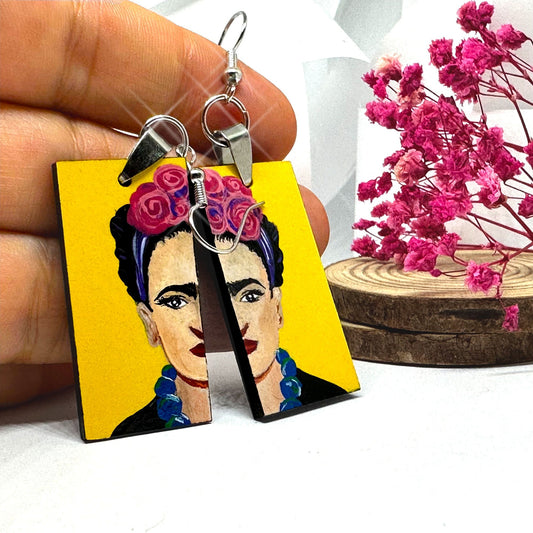 Yellow Floral Frida Earrings Hand Painted Frida Inspired Earrings Girl Dangle Drop Earrings Mexican Jewelry Artwear Earrings Mujer Aretes