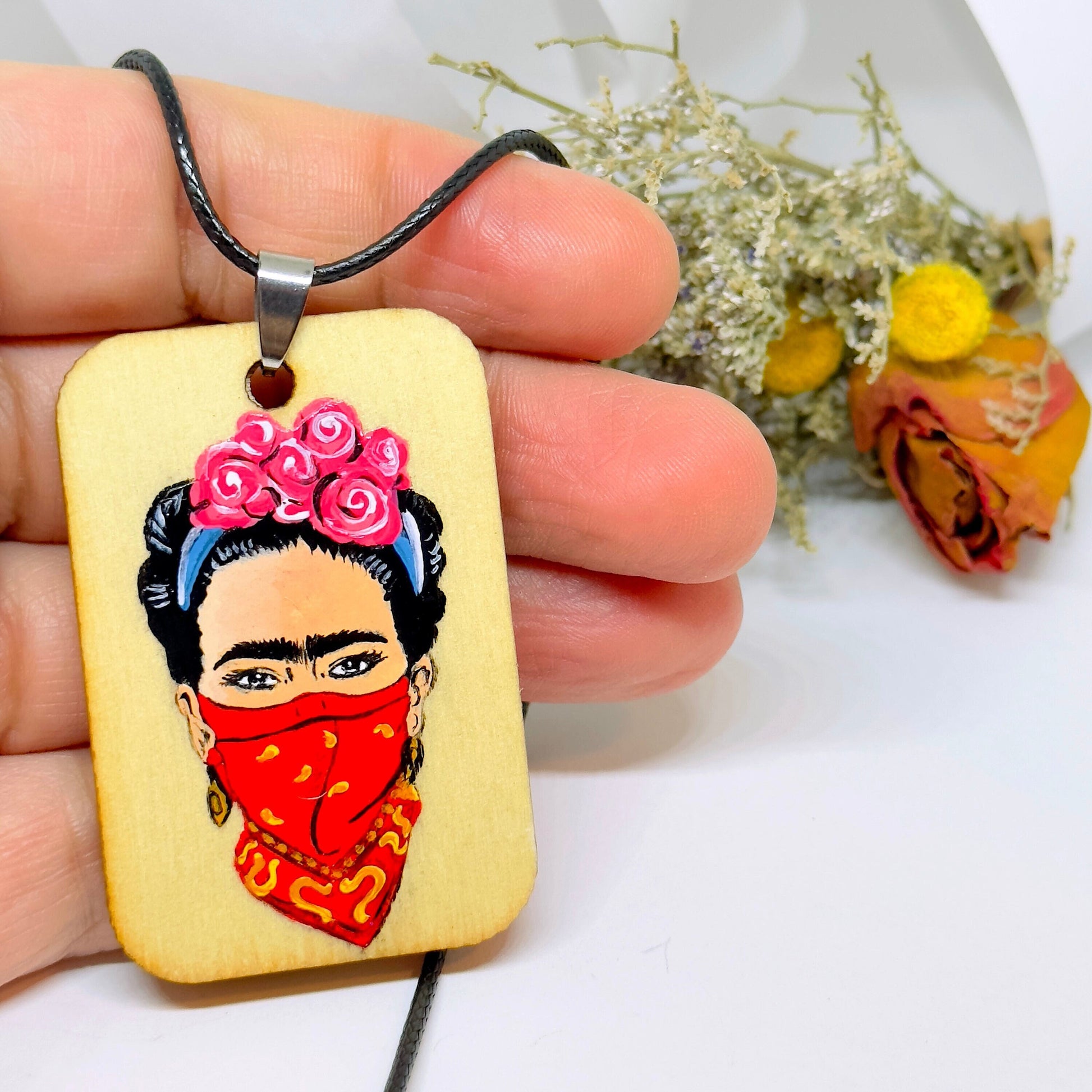Rebel Frida Inspired Handpainted Wooden Pendant Necklace Fridalovers Art To Wear Fashion Feminist Mexican Artist Portrait Bohemian Accessory