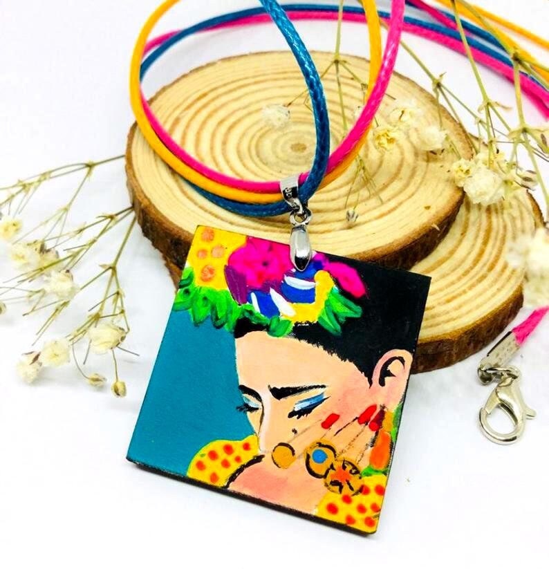 Bohemian Frida Necklace Pendant Hand Painted Colorful Floral Mexican Jewelry Folk Art to Wear Girls Women Fashion Fridalovers Gift Cute Idea