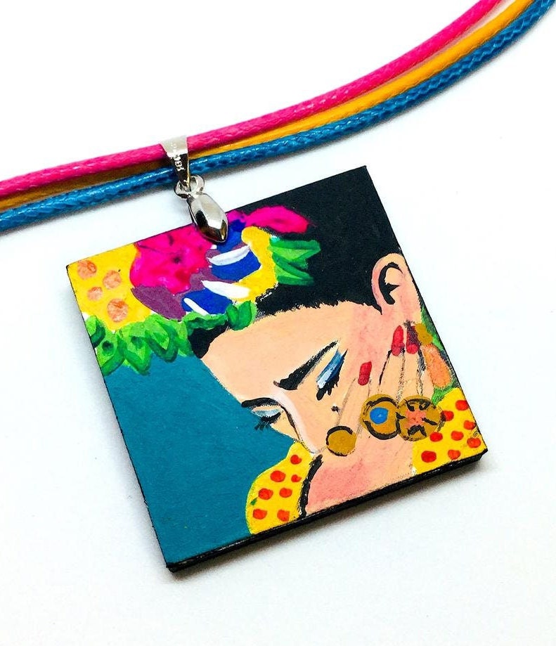 Bohemian Frida Necklace Pendant Hand Painted Colorful Floral Mexican Jewelry Folk Art to Wear Girls Women Fashion Fridalovers Gift Cute Idea