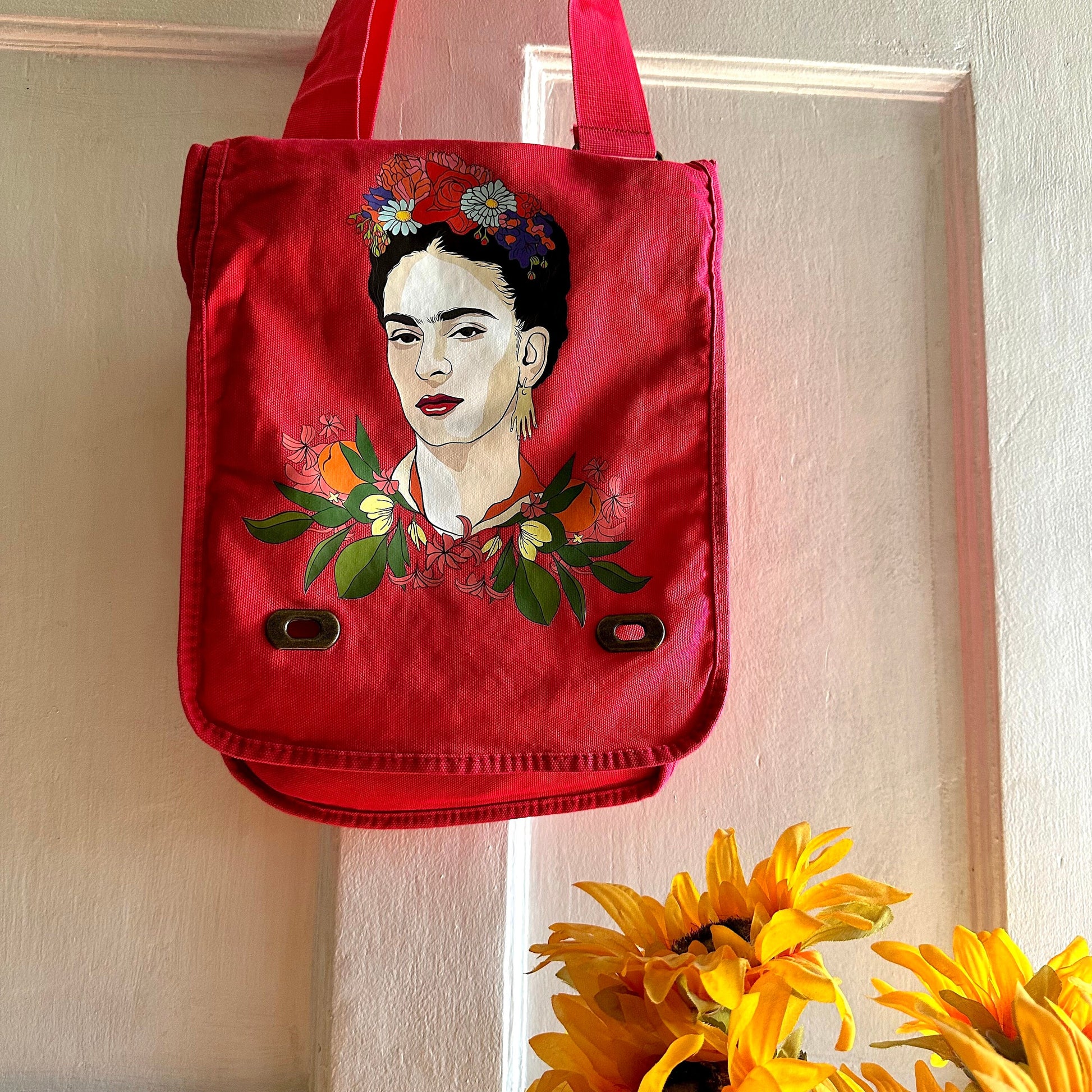 Glamorous Frida Inspired Bag Fuchsia Pink-Red Color Crossbody Shoulder Canvas Bag for Girls and Women Fridalovers Fashion Mother's Day Gift