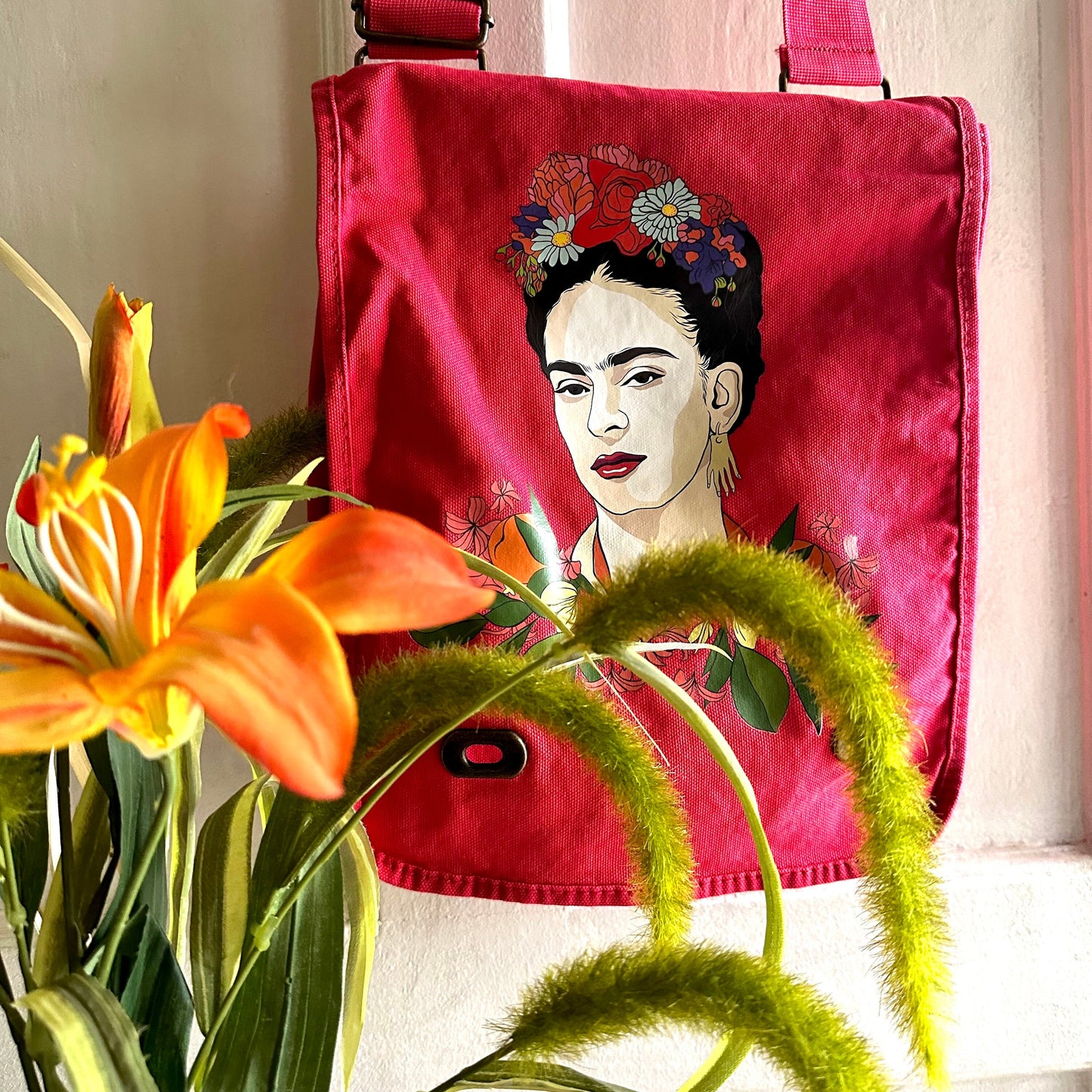 Glamorous Frida Inspired Bag Fuchsia Pink-Red Color Crossbody Shoulder Canvas Bag for Girls and Women Fridalovers Fashion Mother's Day Gift