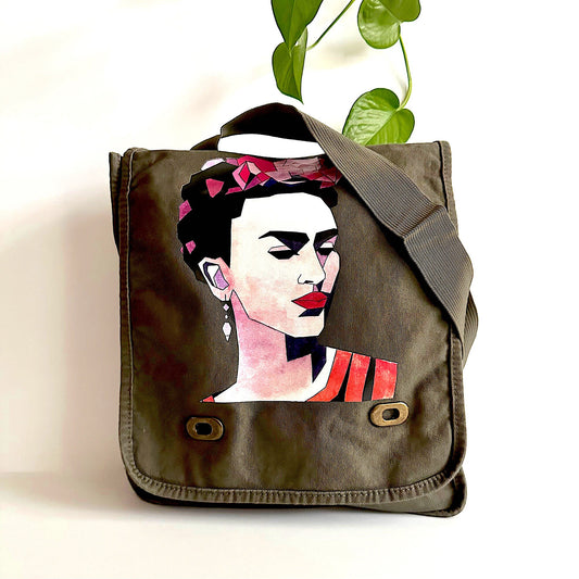 Frida Inspired Bag for Girls Urban Fashion City Crossbody Shoulder Messenger Bag Khaki Green Soft Cotton Canvas Mexican Artist Icon Portrait
