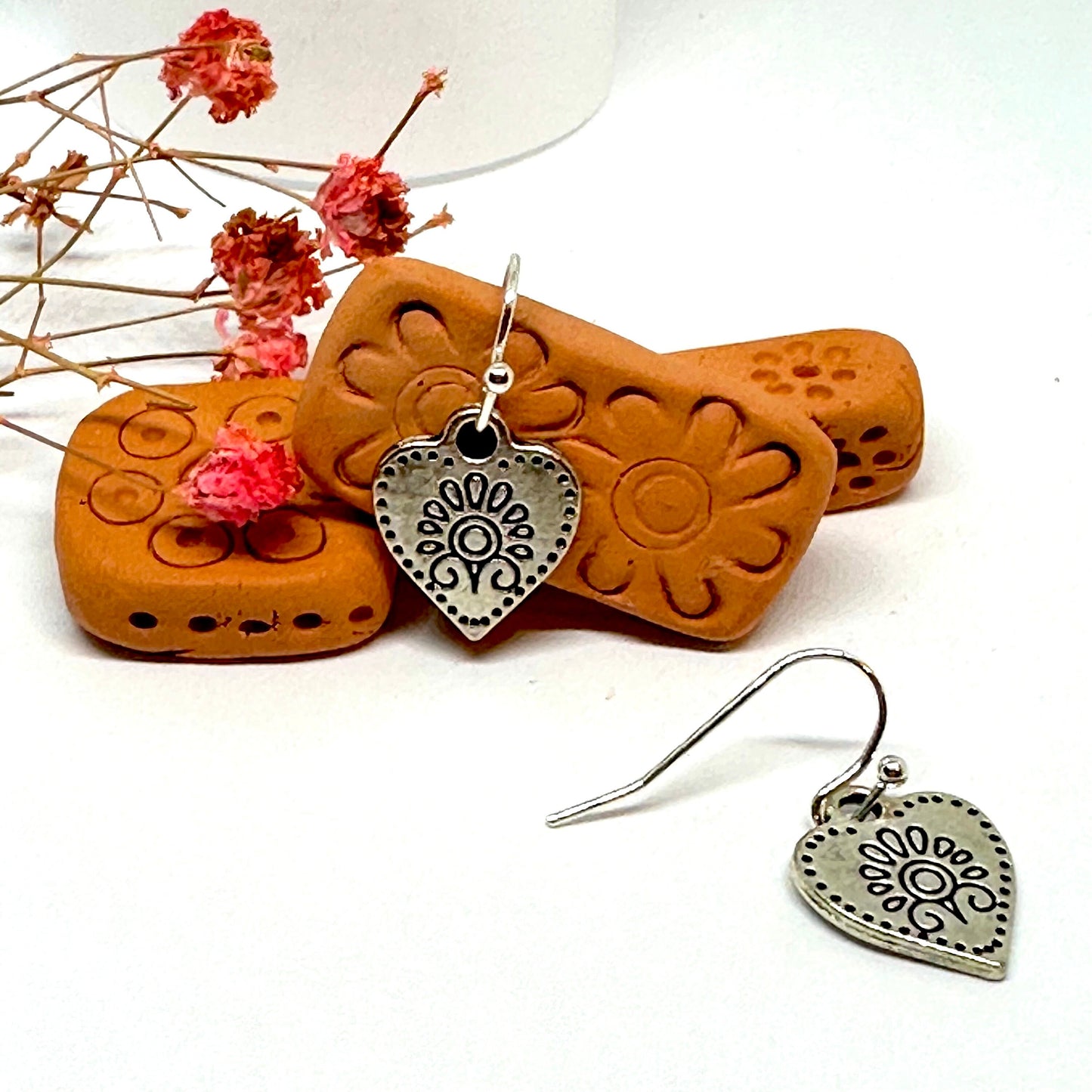 Dainty Carved Heart Earrings Flower Designs Flowered Heart Earrings Floral Design Motifs Ancient Mexico Pre-Columbian Mexican Silver Jewelry