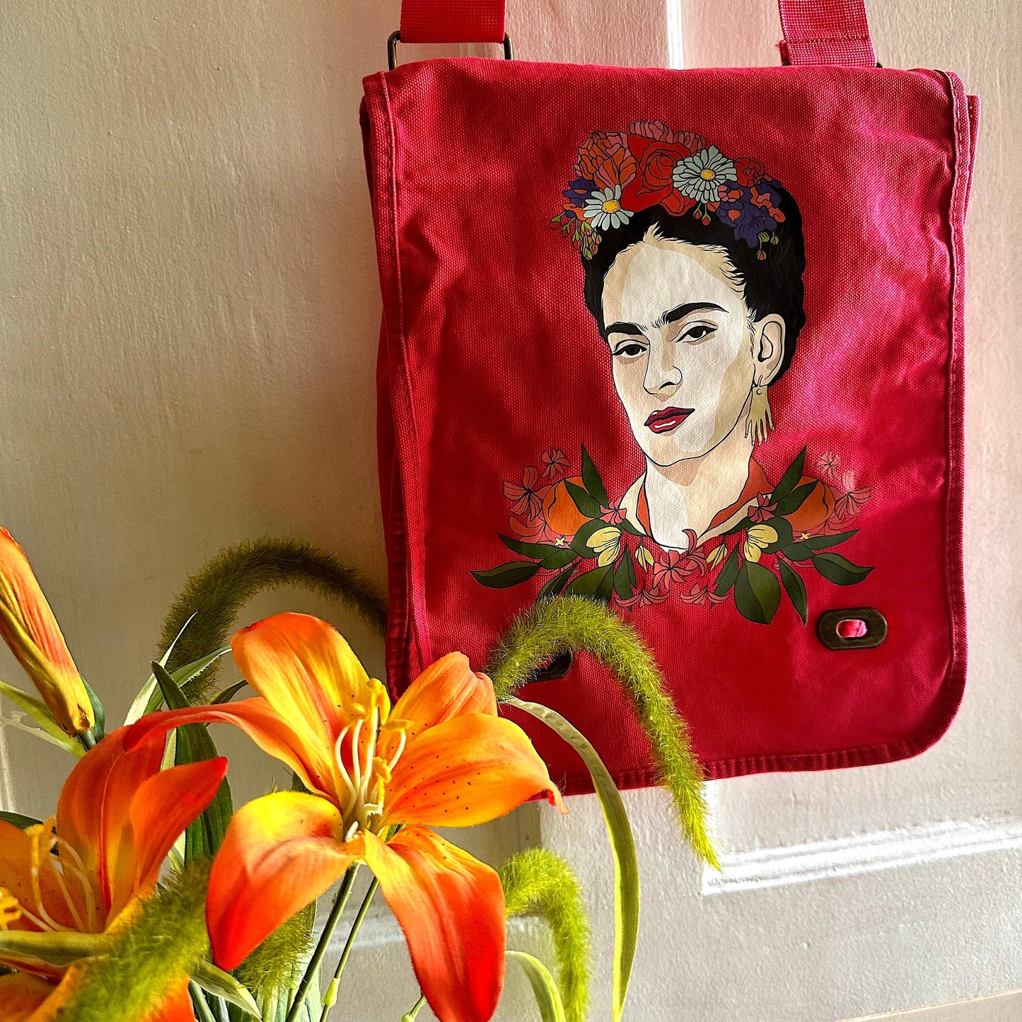 Glamorous Frida Inspired Bag Fuchsia Pink-Red Color Crossbody Shoulder Canvas Bag for Girls and Women Fridalovers Fashion Mother's Day Gift