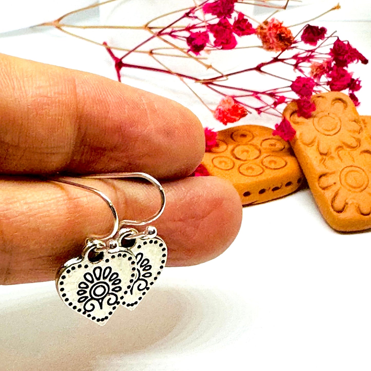 Dainty Carved Heart Earrings Flower Designs Flowered Heart Earrings Floral Design Motifs Ancient Mexico Pre-Columbian Mexican Silver Jewelry