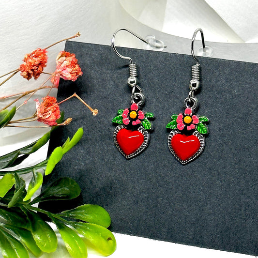 Dainty Heart Earrings Floral Jewelry Frida Fans Jewelry Fridalovers Gift Idea Girls & Women HandPainted Fashion Spring Summer Aretes Corazon