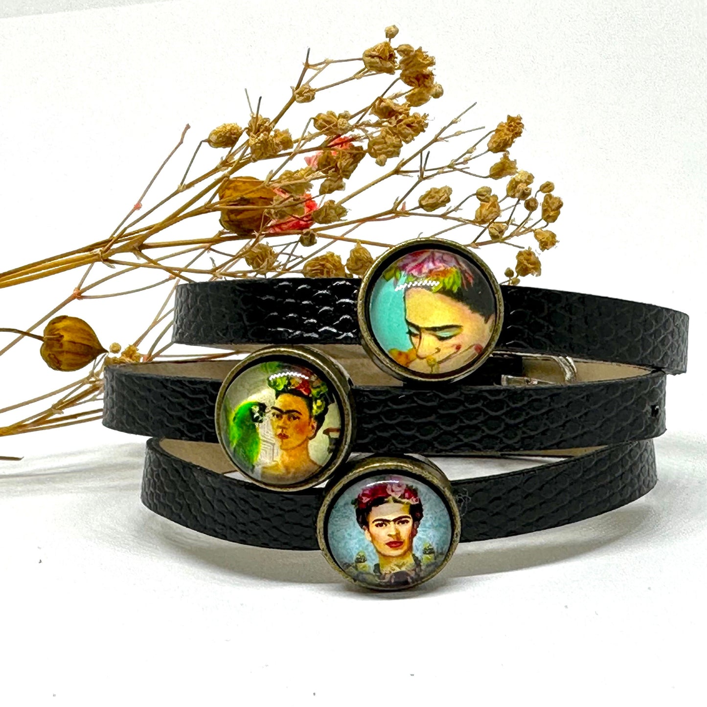 Charming Frida Inspired Bracelet Set for Girls Fashion Summer Spring Lovely Birthday Gift Cute Original Idea Adjustable Straps Black Leather