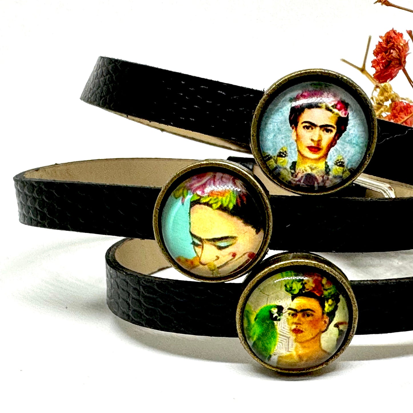 Charming Frida Inspired Bracelet Set for Girls Fashion Summer Spring Lovely Birthday Gift Cute Original Idea Adjustable Straps Black Leather