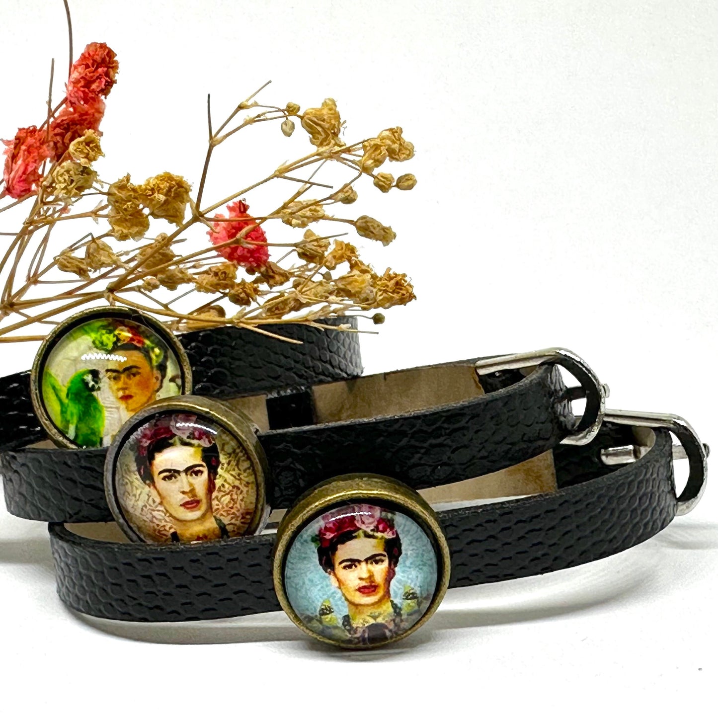 Cute Frida Inspired Wristband Bracelet Set Girls Casual Fashion Summer Gorgeous Birthday Gift Original Idea Adjustable Straps Black Leather