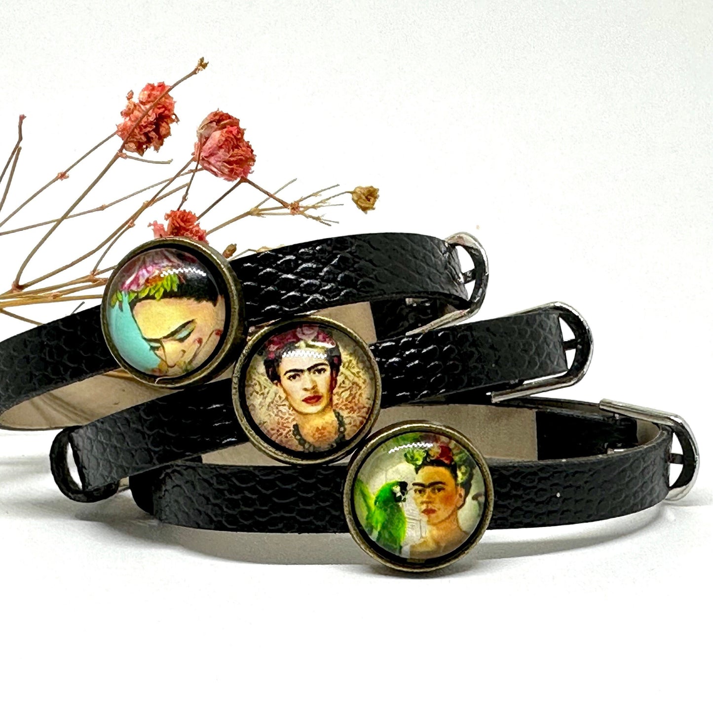 Cute Frida Inspired Wristband Bracelet Set Girls Casual Fashion Summer Gorgeous Birthday Gift Original Idea Adjustable Straps Black Leather