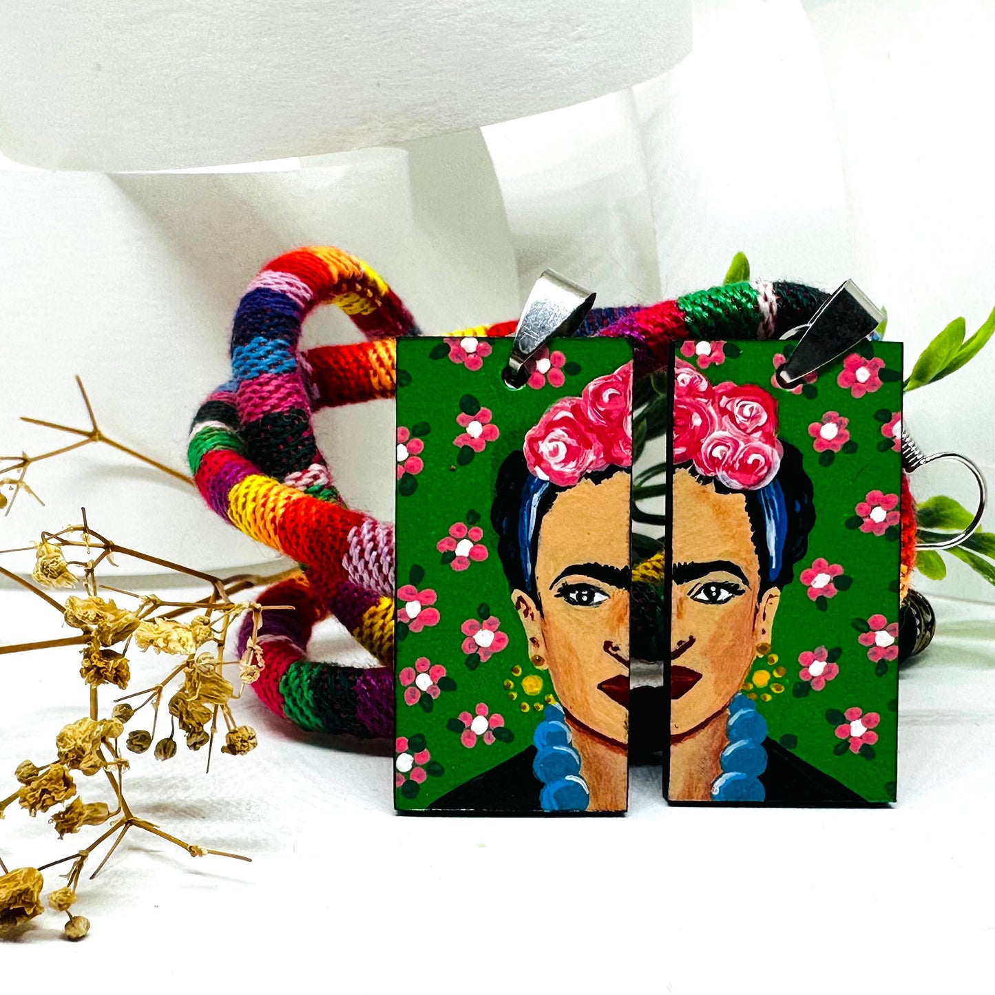 Cool Frida Inspired Earrings Hand Painted Artfully Designed Mexican Jewelry Mexico Folk Art to Wear Wooden Rectangular Asymmetrical Earrings