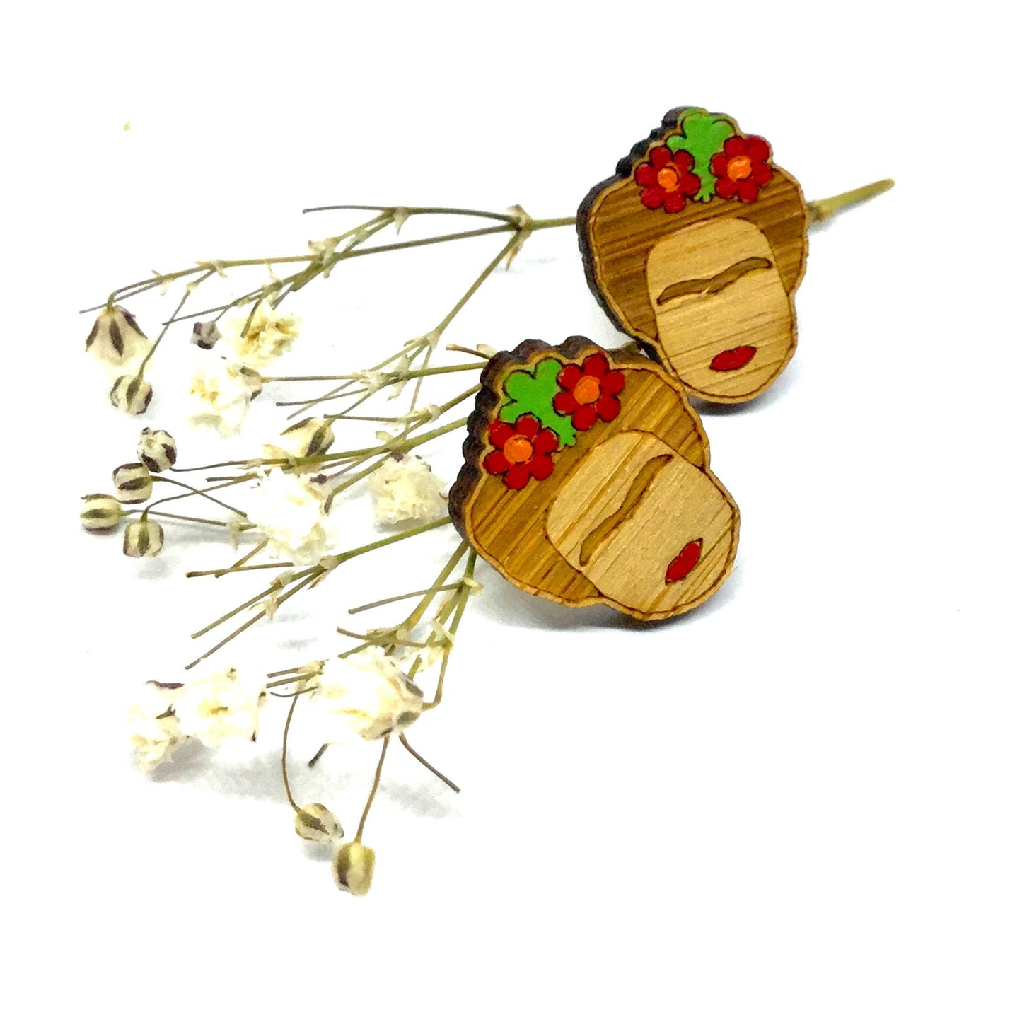 Cute Frida Earrings Stud Bamboo Wood HandPainted Red Flowers Floral Jewelry Girl Summer Fashion Casual Outfit Perfect Gift Idea Fridalovers