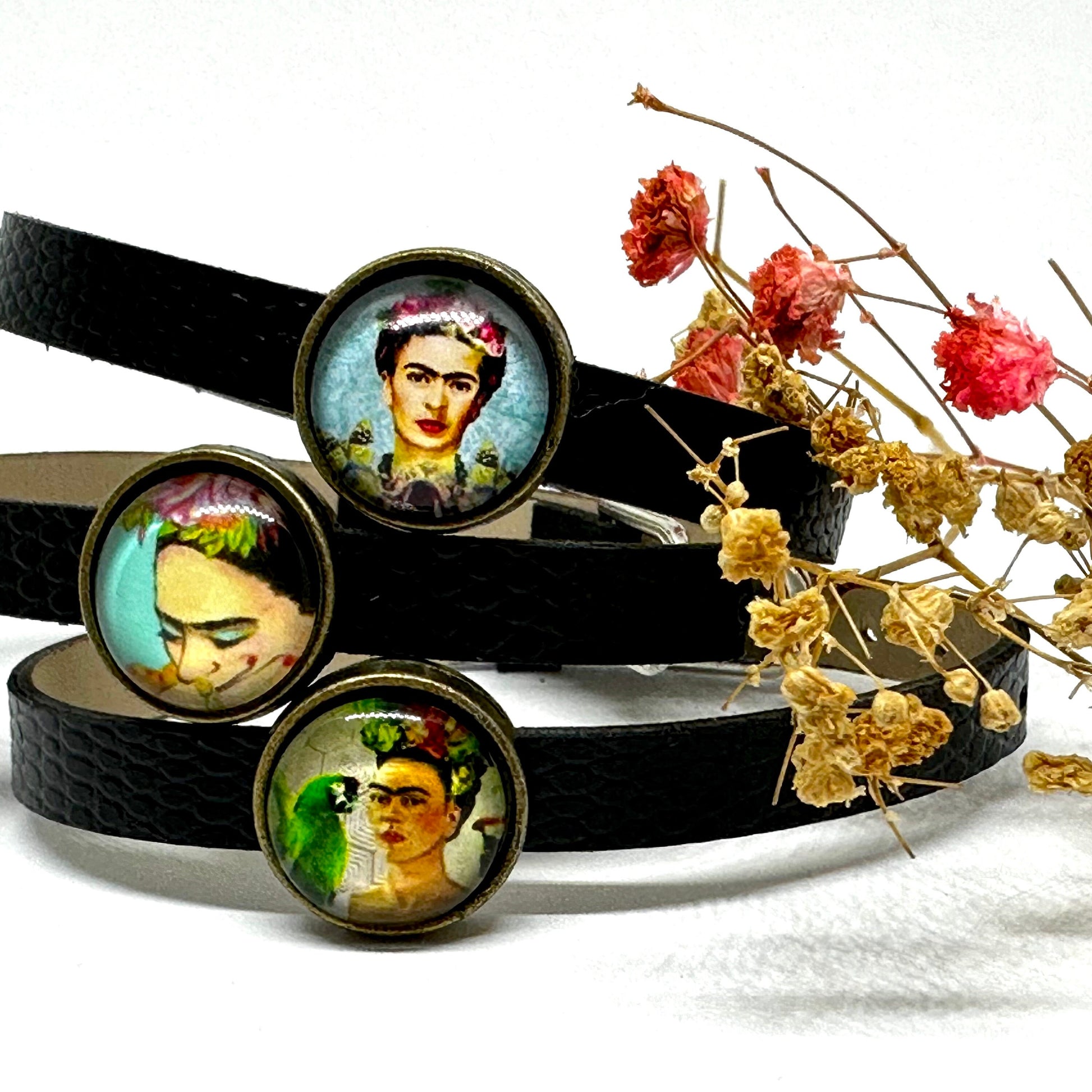 Charming Frida Inspired Bracelet Set for Girls Fashion Summer Spring Lovely Birthday Gift Cute Original Idea Adjustable Straps Black Leather