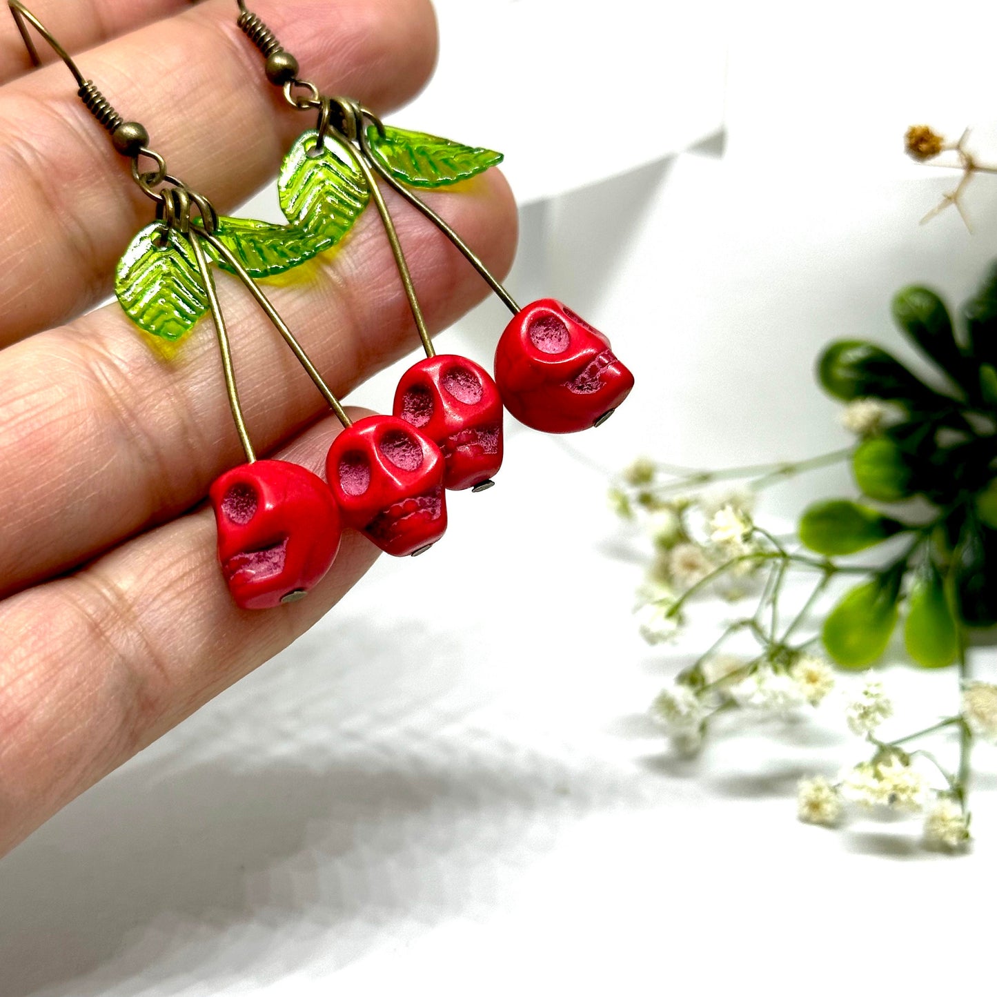 Summer Skull Earrings Red Cherry Green Leaves Dangle and Drop Ancient Bronze Earrings Women Girls Fashion Outdoor Family Friends Adventures