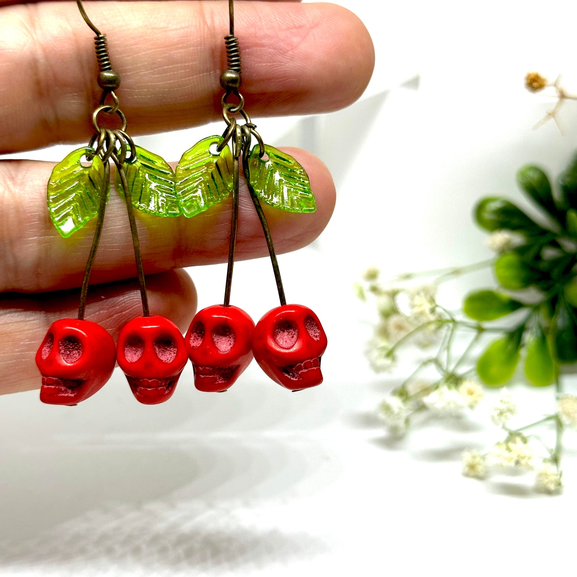 Summer Skull Earrings Red Cherry Green Leaves Dangle and Drop Ancient Bronze Earrings Women Girls Fashion Outdoor Family Friends Adventures