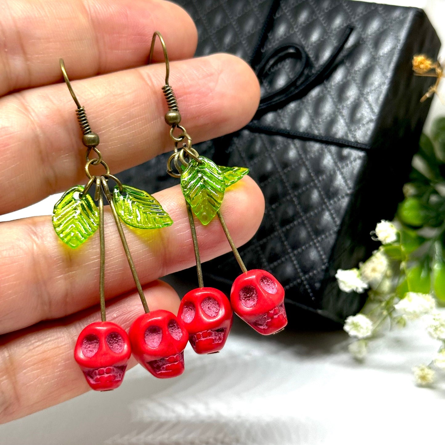 Summer Skull Earrings Red Cherry Green Leaves Dangle and Drop Ancient Bronze Earrings Women Girls Fashion Outdoor Family Friends Adventures