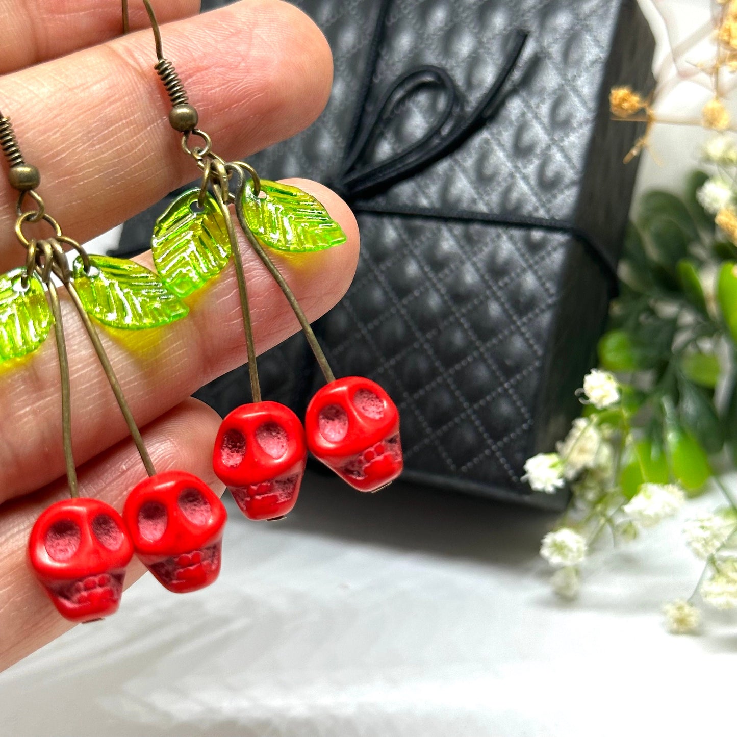 Summer Skull Earrings Red Cherry Green Leaves Dangle and Drop Ancient Bronze Earrings Women Girls Fashion Outdoor Family Friends Adventures