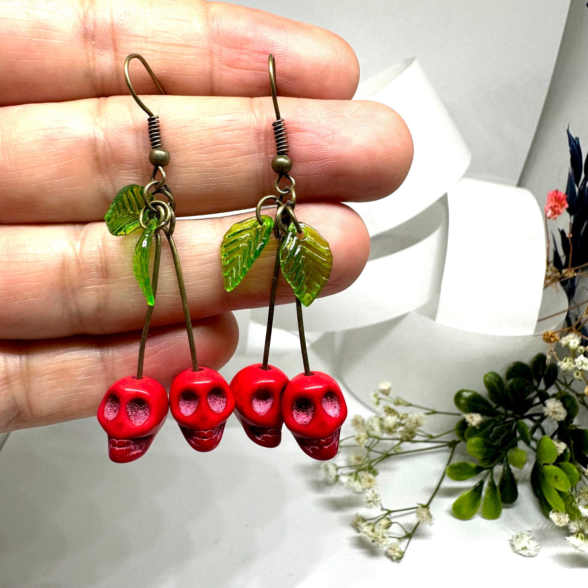 Summer Skull Earrings Red Cherry Green Leaves Dangle and Drop Ancient Bronze Earrings Women Girls Fashion Outdoor Family Friends Adventures