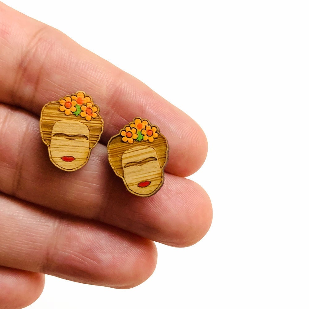 Cool Frida Earrings Stud Mini Bamboo Wood HandPainted Yellow Flowers Girls Summer Fashion Boho Minimalist Jewelry Cute Gift Idea Fridalovers